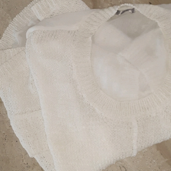 Cream Top Sweater Chiffon an Knit Short Sleeve Baggy Slouch - Picture 2 of 8